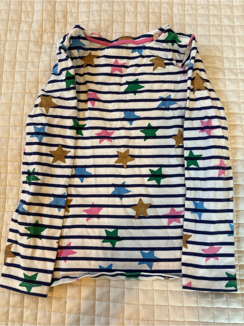 Mini Boden Navy Stripe Long-Sleeve Tee with Gold, Pink, Green & Blue Stars